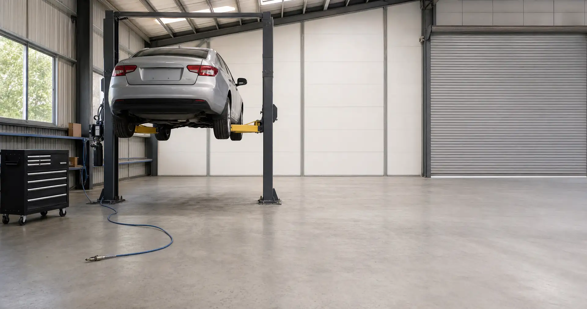 A vehicle raised on a two-post hoist in an empty workshop bay